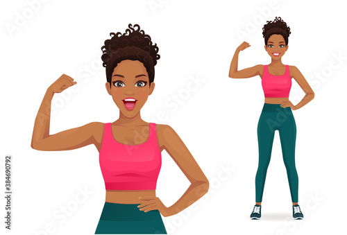 Sport african fitness surprised woman showing bicep on her arm isolated vector illustration