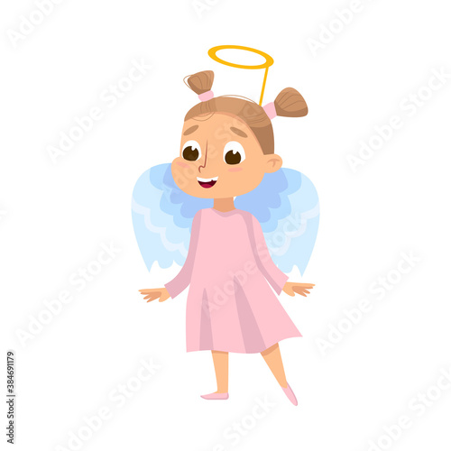 Cute Girl Dressed in Halloween Angel Costume with Nimbus Vector Illustration