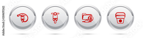Set line Electric scooter, Scooter, FTP folder and lock and Cooler bag. Silver circle button. Vector.