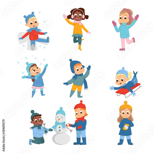 Cheerful Kids Enjoying Winter Holidays Building Snowman and Sledging Vector Set