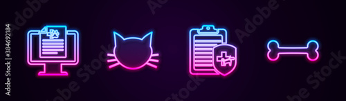 Set line Clinical record pet on monitor, Cat, and Dog bone. Glowing neon icon. Vector.
