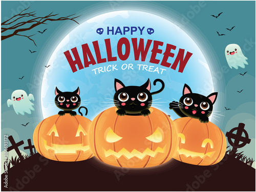 Vintage Halloween poster design with vector cat, pumpkin character. 
