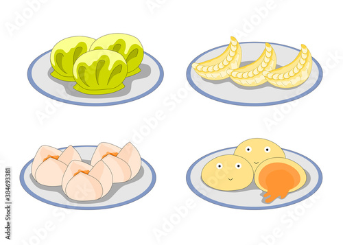 set of steamed dumplings dim sum yum cha on the dish, vector illustration