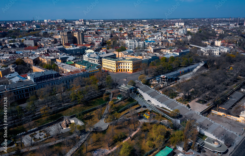 Air panorama of the center sity Odessa, Ukraine with Primorsky boulevard and Potemkin stairs. Drone footage at sunny day.