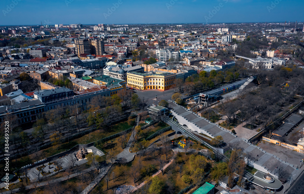 Obraz premium Air panorama of the center sity Odessa, Ukraine with Primorsky boulevard and Potemkin stairs. Drone footage at sunny day.