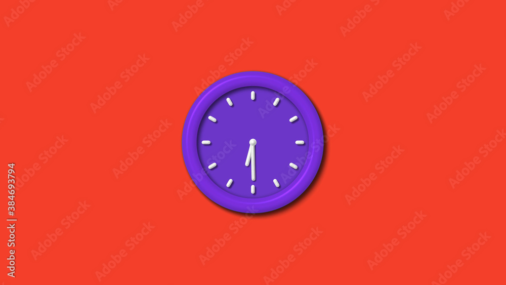 New purple color 3d wall clock isolated on red background, 12 hours wall clock