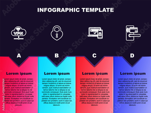 Set line VPN Network cloud connection, Castle in the shape of heart, Two steps authentication and Digital door lock with wireless. Business infographic template. Vector.