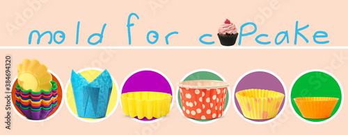 Different molds for cupcakes on color background