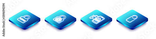 Set Isometric line Lock VPN, Safe combination lock wheel, Smart car security system and Please do not disturb icon. Vector.