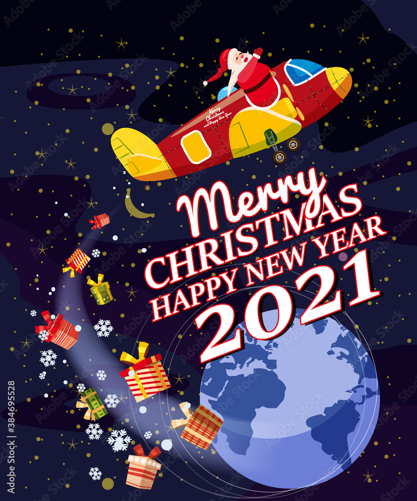 Santa Claus Van with text Merry Christmas and Happy New Year 2021 flying in plane delivering shipping gifts. Vector illustration isolated cartoon style greeting card poster banner