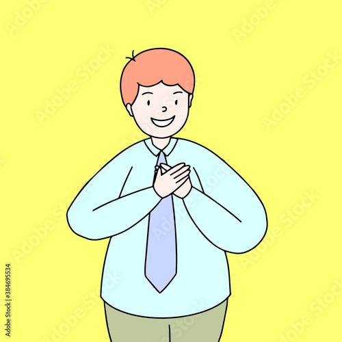 Stylish businessman smiling with hands-on chest and grateful gesture. Trendy young hipster person has friendly expression & keeps hands on heart. Man expresses love, thankful feelings. Vector cartoon