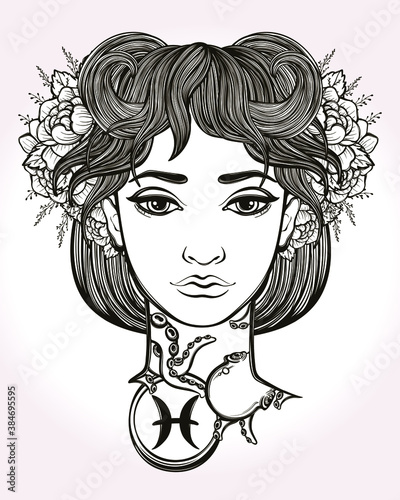 Pisces astrological sign. Hand drawn art of a young pretty girl. Coloring book, tattoo art. Isolated vector illustration