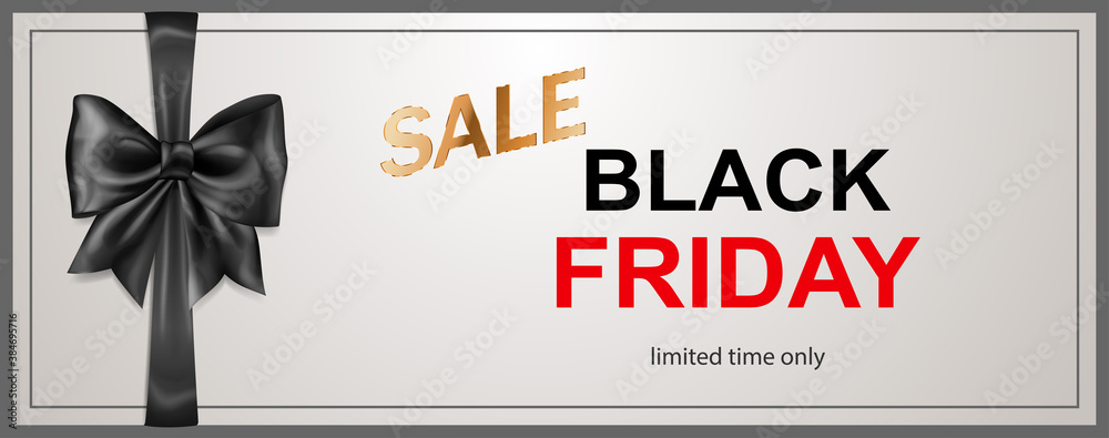 Black Friday sale banner with dark bow and ribbons on white background. Vector illustration for posters, flyers or cards.