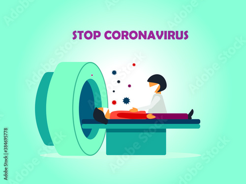 Coronavirus COVID-19 diagnostics research. Making computer tomography for patient. Flat Vector