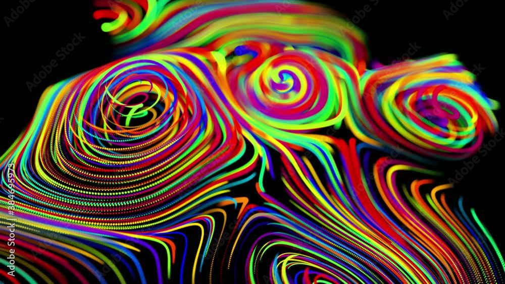 flow of particles forms curled lines like glow trails of different ...