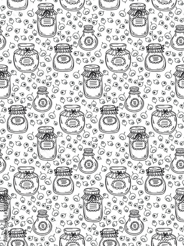Cute seamless pattern with hand drawn jars different shape with jams. Vector