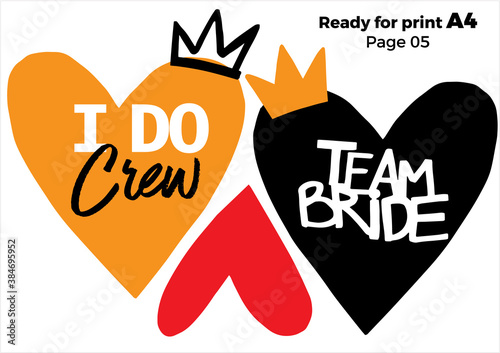 Wedding photo booth props isolated vector illustration on white background. Bride team party photo set t-shirt print. Bachelorette party logo. Speech bridal props collection. Ready for print A4 page 5
