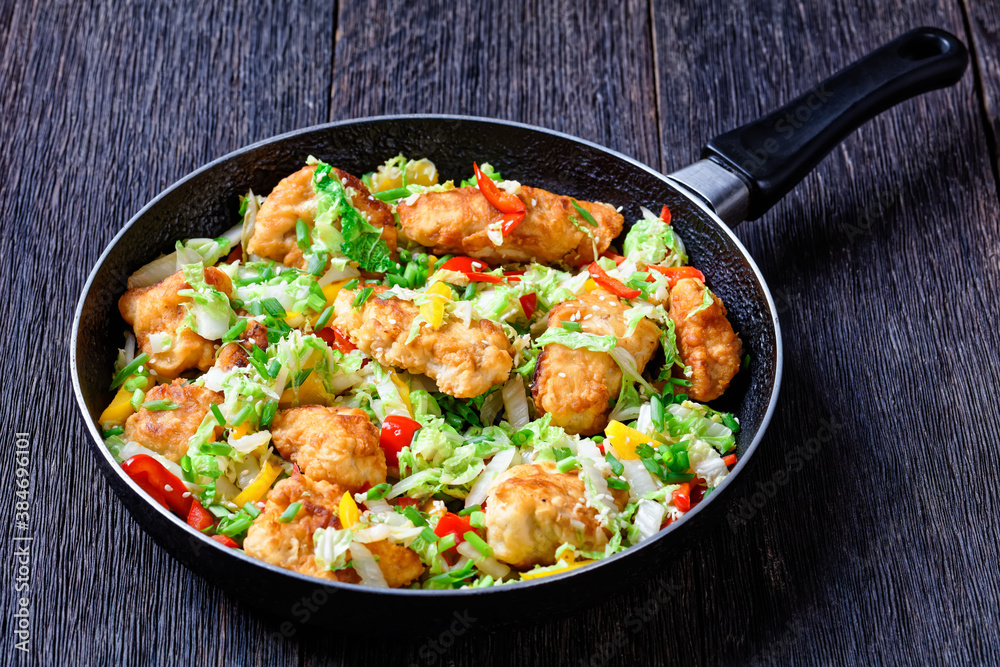 sesame chicken with chinese cabbage, top view sesame chicken with chinese cabbage, top view