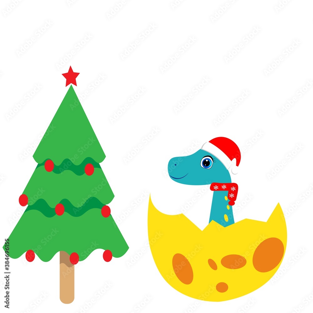 cute dinosaur and christmas tree vector illustration