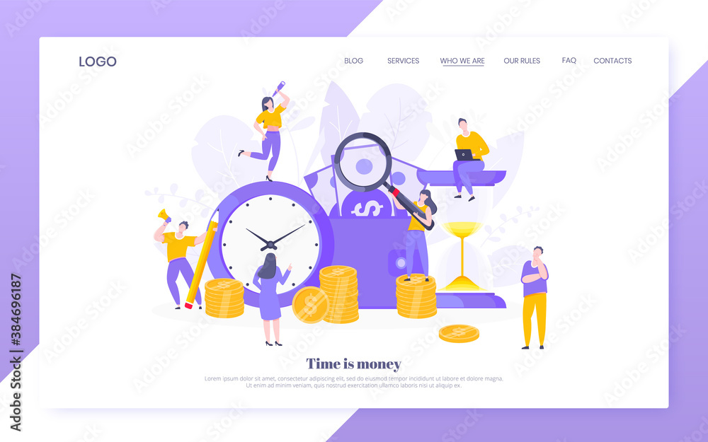 Time is money business concept of money saving. Time management, money installment with future growth. Teamwork concept flat style design vector illustration isolated on white background.