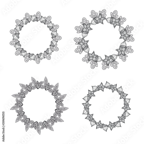 Set of perfect hand drawn floral wreathes. Black and white floral card templetes. Vector 