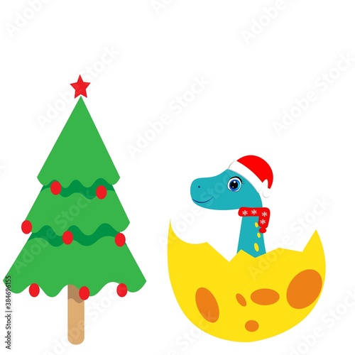 cute dinosaur and christmas tree vector illustration