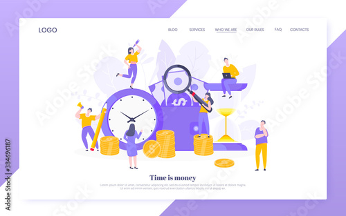 Time is money business concept of money saving. Time management, money installment with future growth. Teamwork concept flat style design vector illustration isolated on white background.