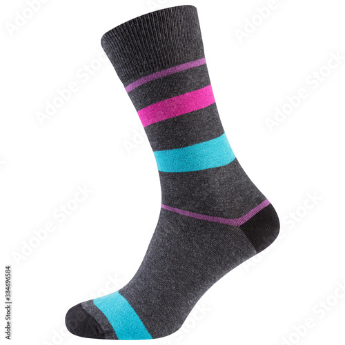 volumetric dark gray sock with a pattern of a strip of turquoise and pink, on a white background