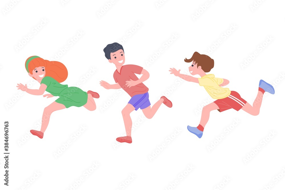 Happy children playing sports games. The boys and the girl are doing physical exercises. Children play catch-up. Active healthy childhood. Cartoon flat vector illustration isolated on white background