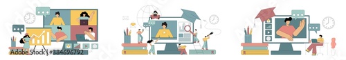 Online e-learning training. Modern technologies in education. Overcoming the crisis of communication, interaction between people. Online education, seminars, trainings. Isolated vector illustration on © Tanya Selez
