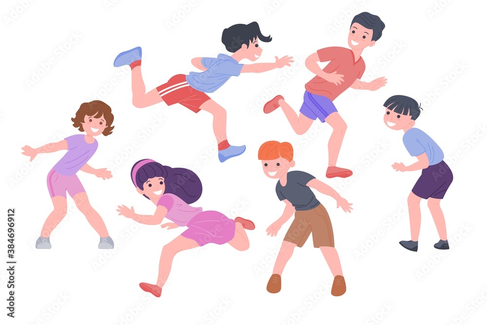 Happy children playing sports games. The boys and the girl are doing physical exercises. Children play catch-up. Active healthy childhood. Set of flat vector illustration isolated on white background