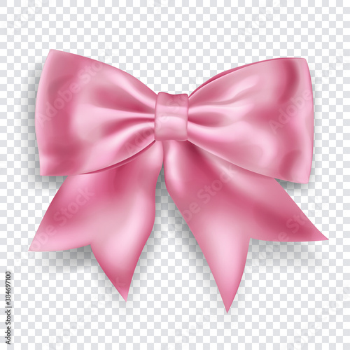 Beautiful big bow made of pink ribbon with shadow on transparent background. Transparency only in vector format