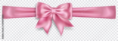 Beautiful pink bow with horizontal ribbon with shadow on transparent background. Transparency only in vector format