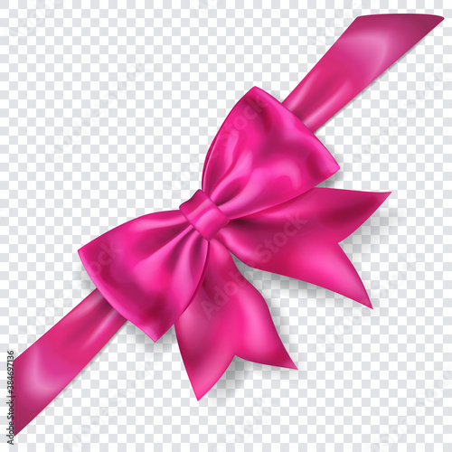 Beautiful pink bow with diagonally ribbon with shadow on transparent background. Transparency only in vector format