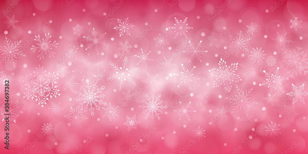 Christmas background of complex big and small falling snowflakes in red colors with bokeh effect Christmas background of complex big and small falling snowflakes in red colors with bokeh effect