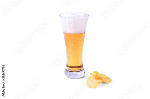 Beer and chips snacks on white background