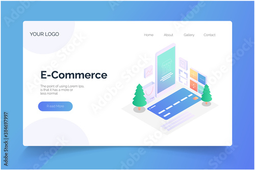 E-Commerce isometric. landing page vector template