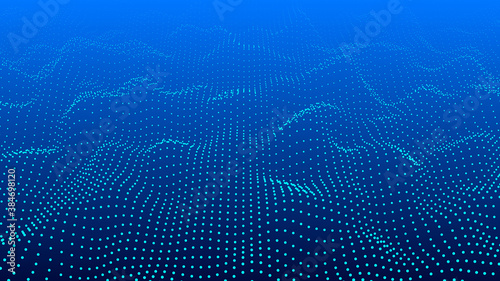 Abstract gradient dynamic wave of glowing particles. Network of neon dots. Big data. Digital background. Vector