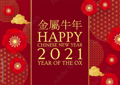 Happy Chinese new Year 2021 The year of the metal ox. Chinese traditional text means year of the ox . Holiday greetings