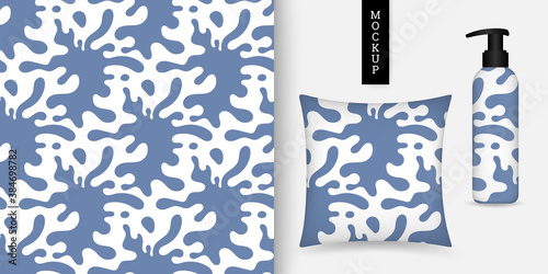 Splash water seamless pattern. Splashing water pattern. Abstract background with inkblots. Vector illustration. Trendy repeating texture. Simple ornament. Modern design textile, paper, cloth. Mockup.