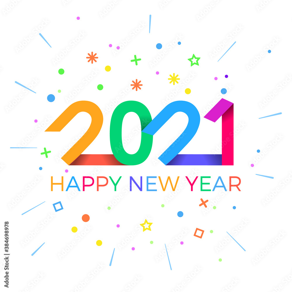 2021 Happy New Year. Paper Memphis geometric bright style for holidays flyers, greetings, invitations, Happy New Year or Merry Christmas cards. Holiday background, poster, banner. Vector Illustration.