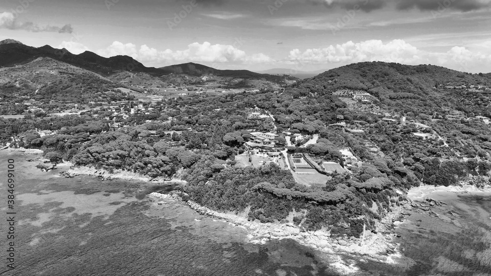 Aerial view of Elba Island. Southern Coastline in summer season. Drone viewpoint.