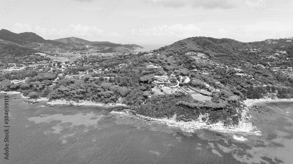 Aerial view of Elba Island. Southern Coastline in summer season. Drone viewpoint.
