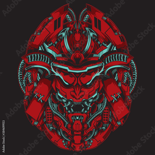 Japanese samurai illustration with a mecha theme, perfect for the design of t-shirts, merchandise, stickers, posters, etc.
