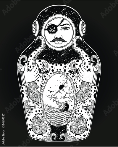 The drawing is done in stylization of a nesting doll. The matrioshka doll in a diving-dress has octopus on her body.Octopus is holding a sinking ship in his tentacles. Boho, tattoo art, poster design.