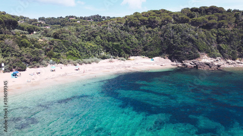 Aerial view of Elba Island. Barabarca Beach and Southern Coastline in summer season. Drone viewpoint. Slow motion.