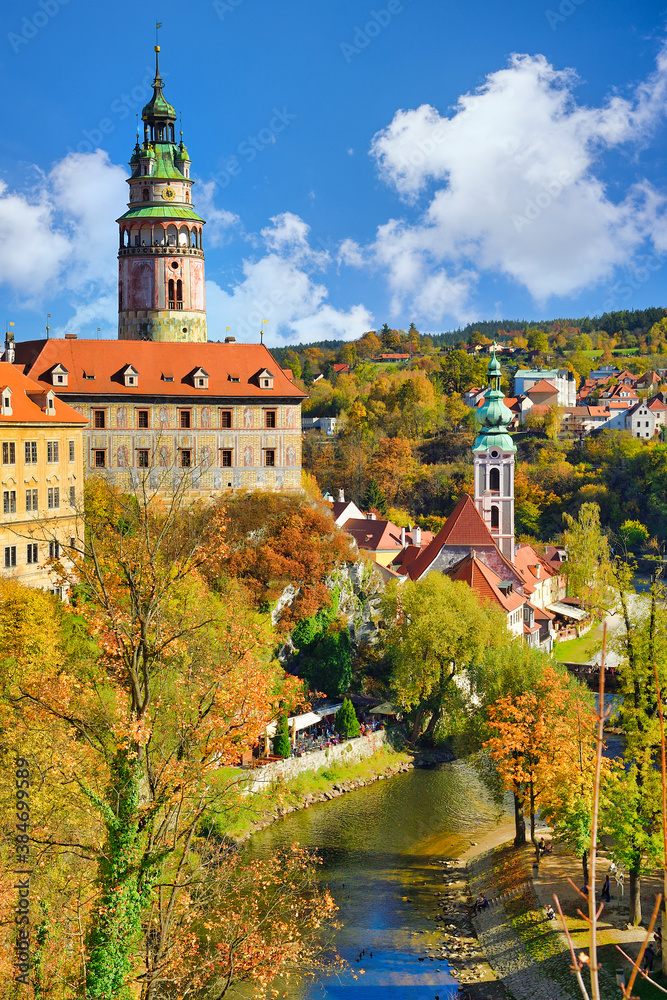State Castle and Chateau Cesky Krumlov, Czech Republic, Old Town and Autumn In the afternoon with the blue sky and beautiful clouds.