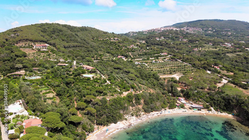 Aerial view of Elba Island. Barabarca Beach and Southern Coastline in summer season. Drone viewpoint.