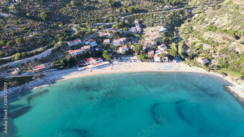 Aerial view of Elba Island. Cavoli Beach and Southern Coastline in summer season. Drone viewpoint.
