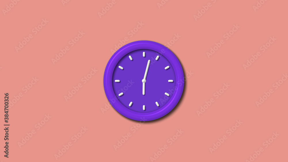 Amazing counting down purple color 3d wall clock isolated on red light background, 12 hours wall clock